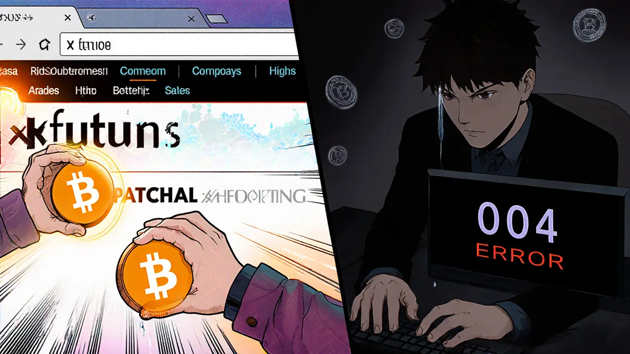 A trader staring at a black screen after xFutures shut down, contrasted with their earlier hopeful deposit.