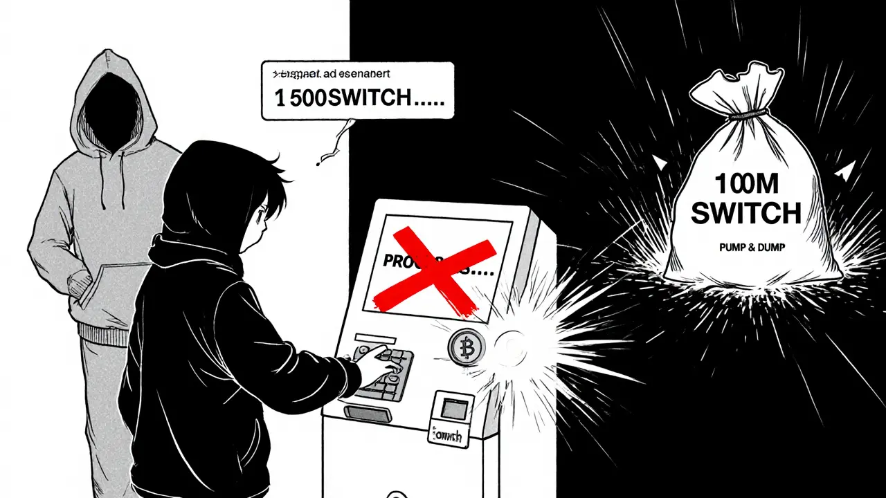 A user at a store with a failed SWITCH payment, while a shadowy figure dumps millions of tokens into a black hole.