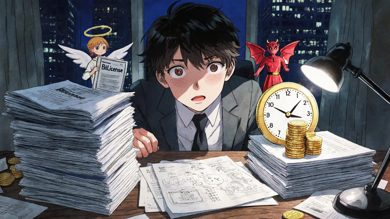 A weary founder surrounded by financial documents and a giant M coin stack, torn between a BitLicense angel and a cease-and-desist demon.