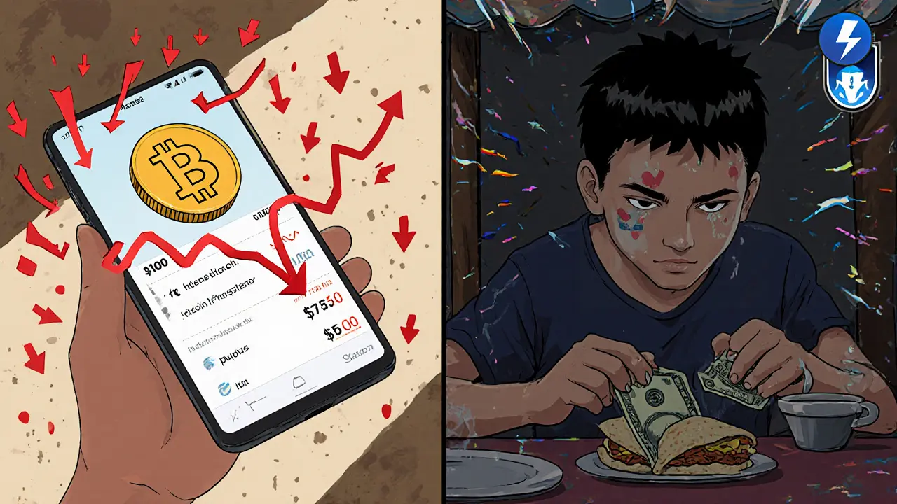 A worker sees Bitcoin value crash on screen while using dollars at a food stand.