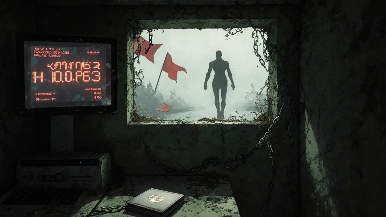 An abandoned crypto terminal shows a dying H1DR4 token price as the AI agent walks away into digital fog.