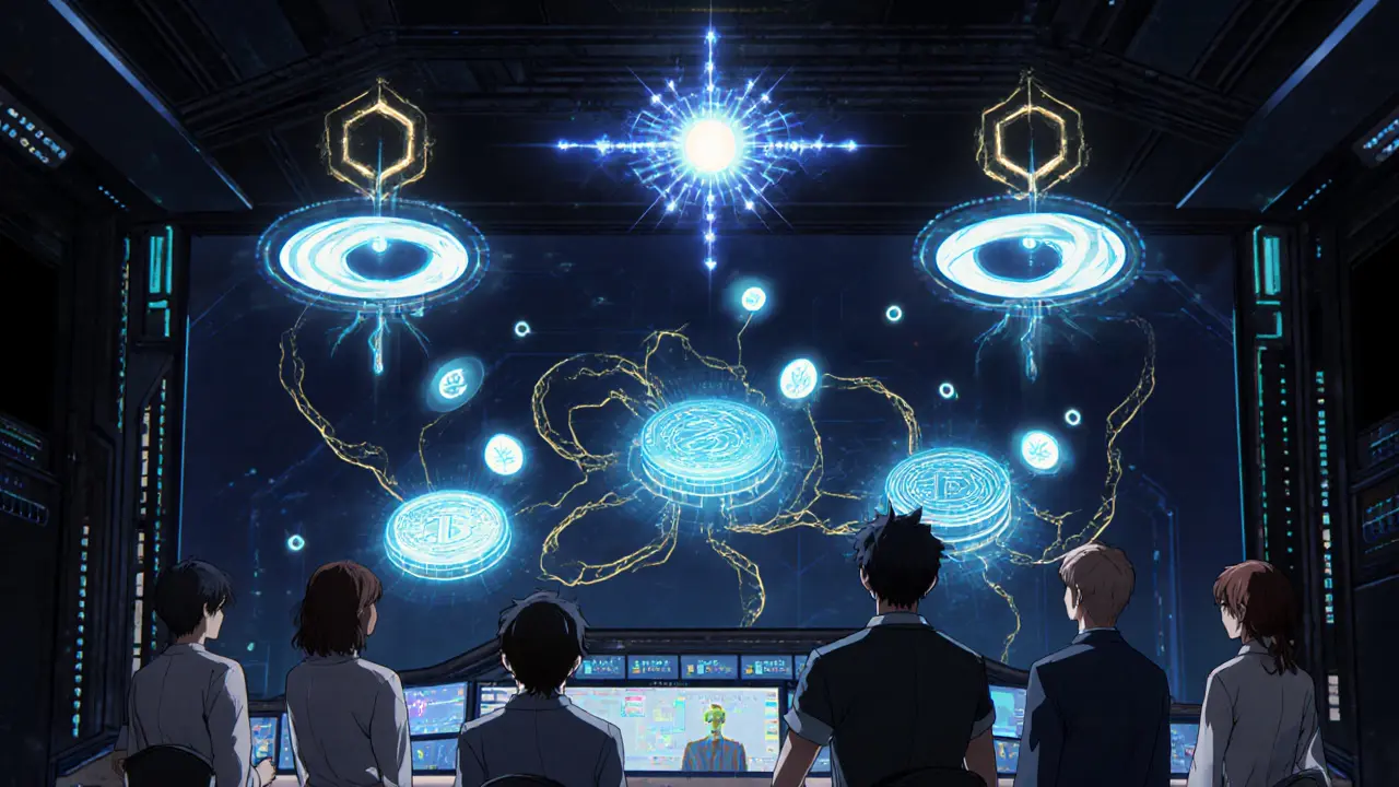 An AI dashboard showing hybrid liquidity models with glowing oracles above a group of users.