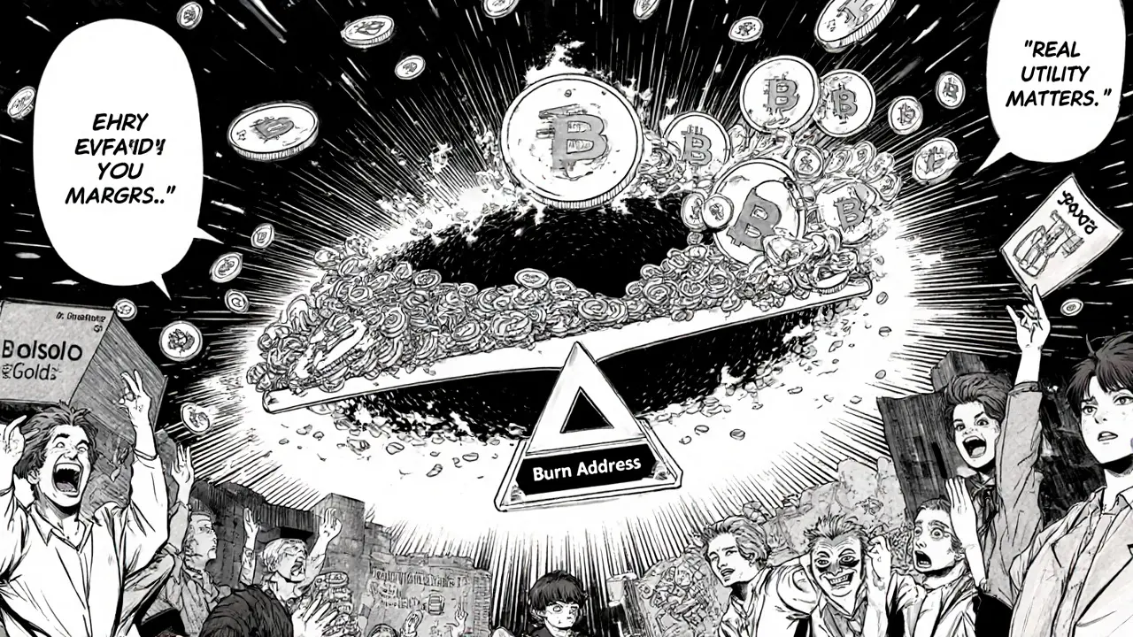 An economic scale tipping as tokens vanish into a burn black hole, with investors and enterprise icons watching.