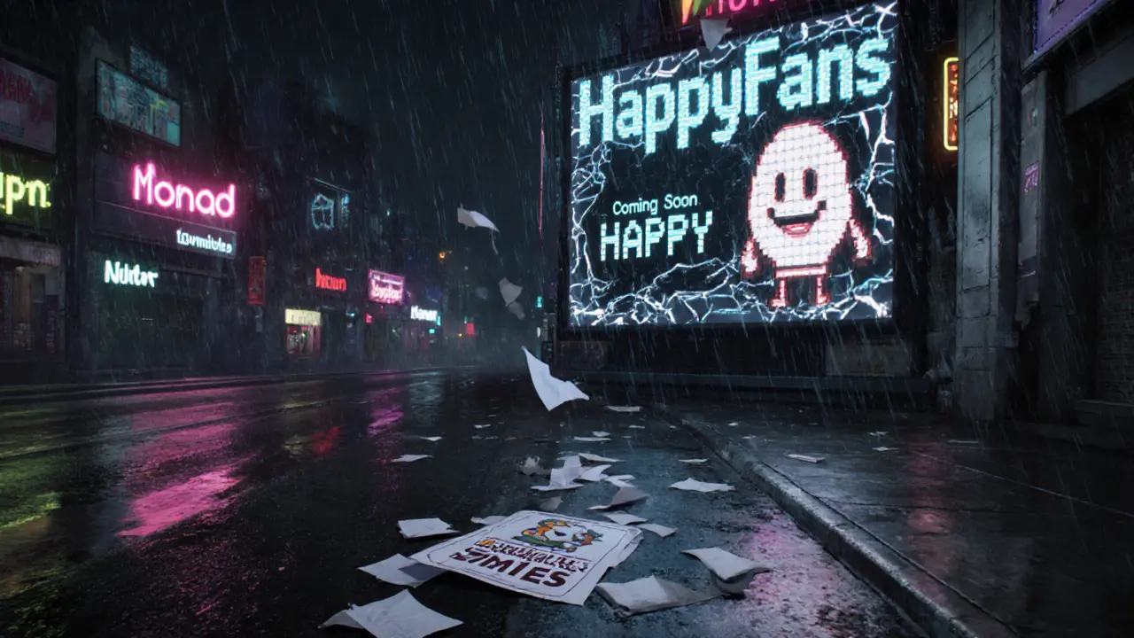 An empty cyberpunk street with a broken HappyFans billboard and torn airdrop posters in the rain.