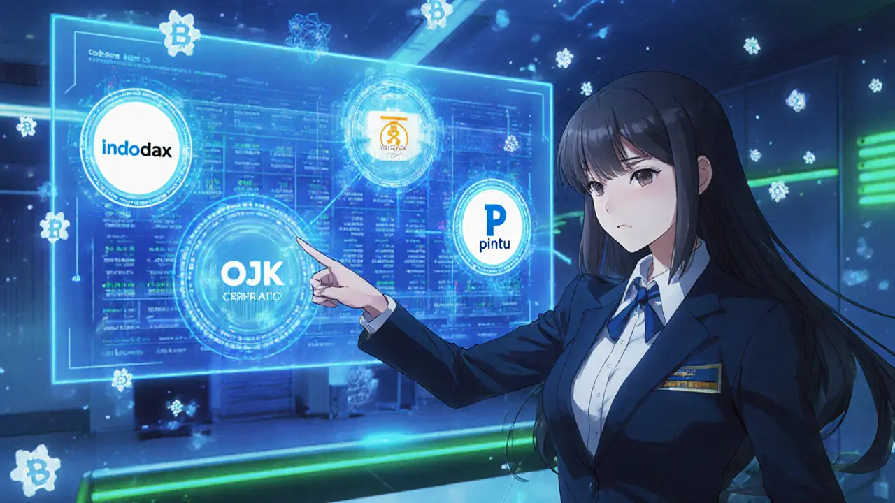 An OJK officer monitoring holographic crypto trading data in a high-tech regulatory office.