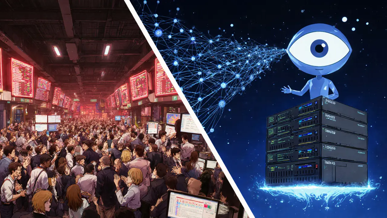 Chaotic crypto trading floor contrasts with a calm AI agent analyzing fraud patterns in a glowing data web.