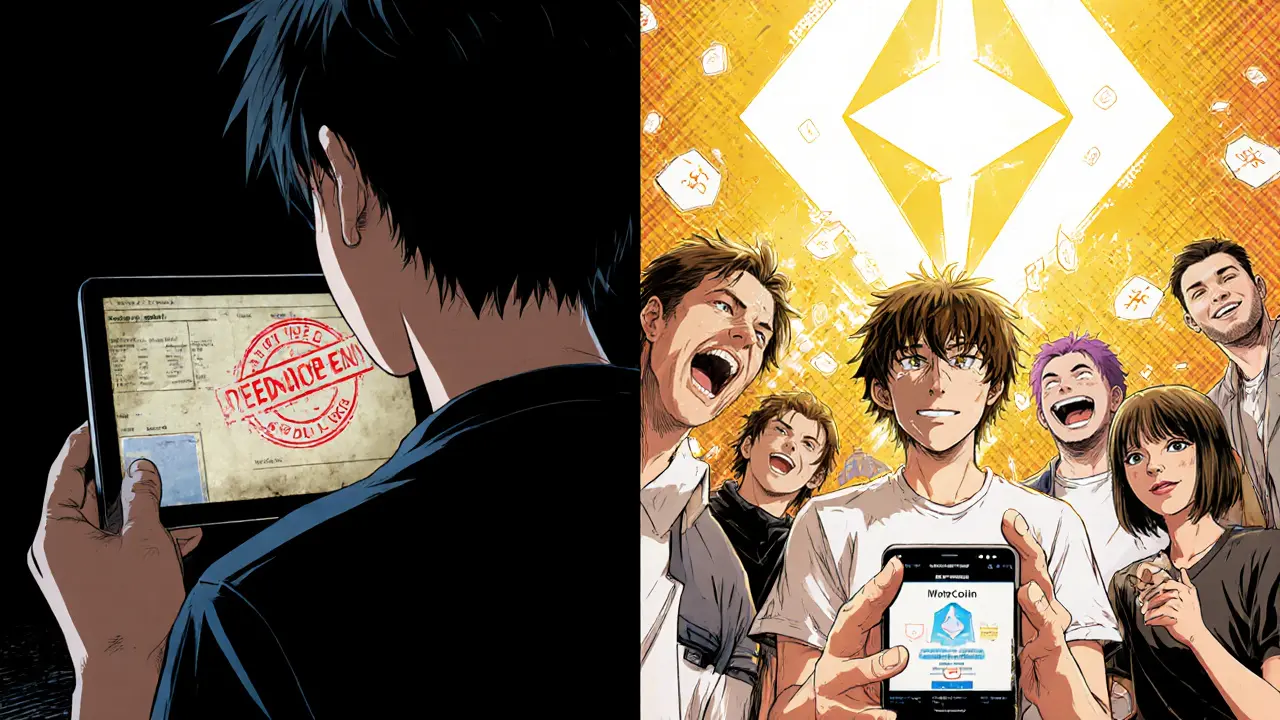 Contrasting manga panels: one showing a faded GMEE airdrop screen, the other a bright WATCoin session with glowing points.