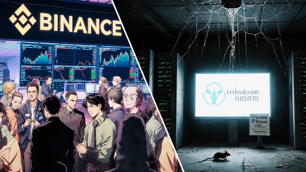 Contrasting vibrant active exchange with a desolate, abandoned InfinityCoin server room.