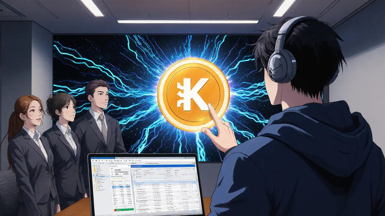 Corporate executives watching Kadena&#039;s blockchain network with a miner in foreground, symbolizing enterprise adoption.