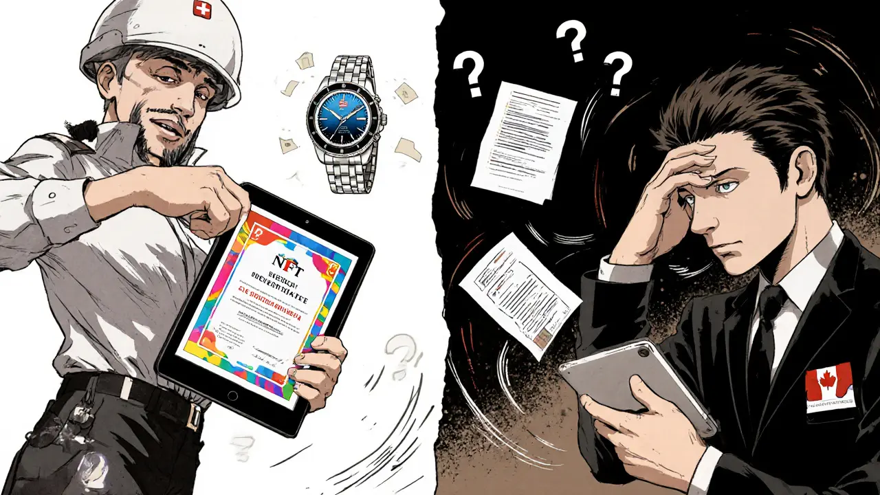 Customs officer confused by an NFT tablet while legal symbols float around him at a border checkpoint.