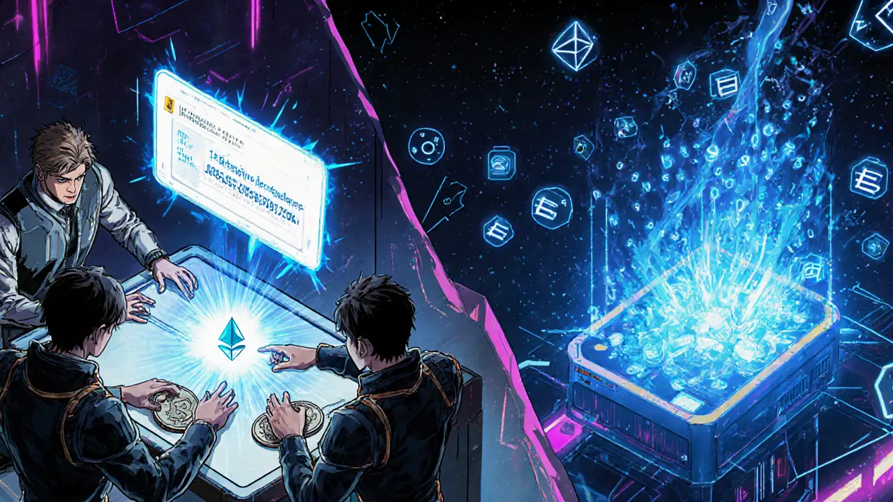 Developers manually burning tokens on one side, automated ETH burns on the other, in cyberpunk manga style.