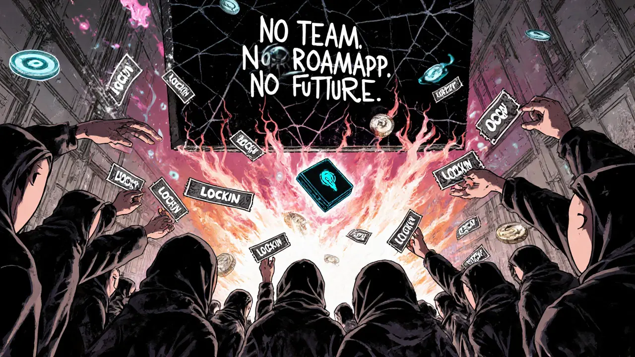 Faceless degens throw LOCKIN tickets into a black hole shaped like a burning liquidity pool in a surreal cyberspace marketplace.