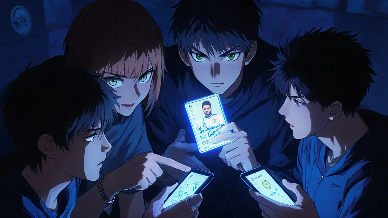 Fans gathered around phones, reacting to TopGoal and CoinMarketCap NFT airdrop screens.