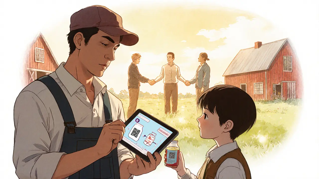 Farmer and child scanning a milk carton QR code with sunlight streaming through a barn window.