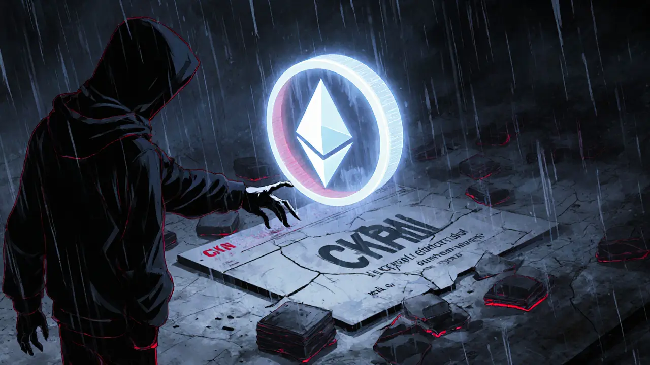 Ghostly CKN token hovering over an abandoned website as a shadowy scammer reaches for it.