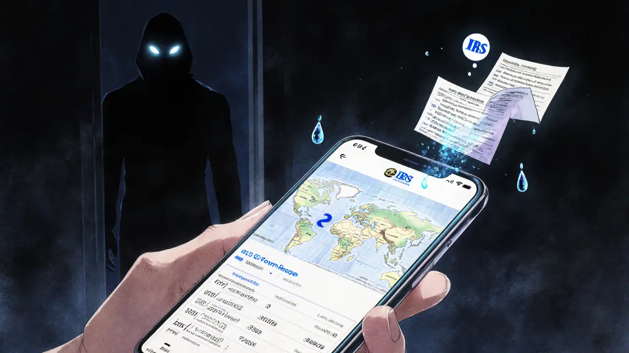 Hand holding phone projecting a blockchain map, tear turning into IRS logo as tax forms float in background.