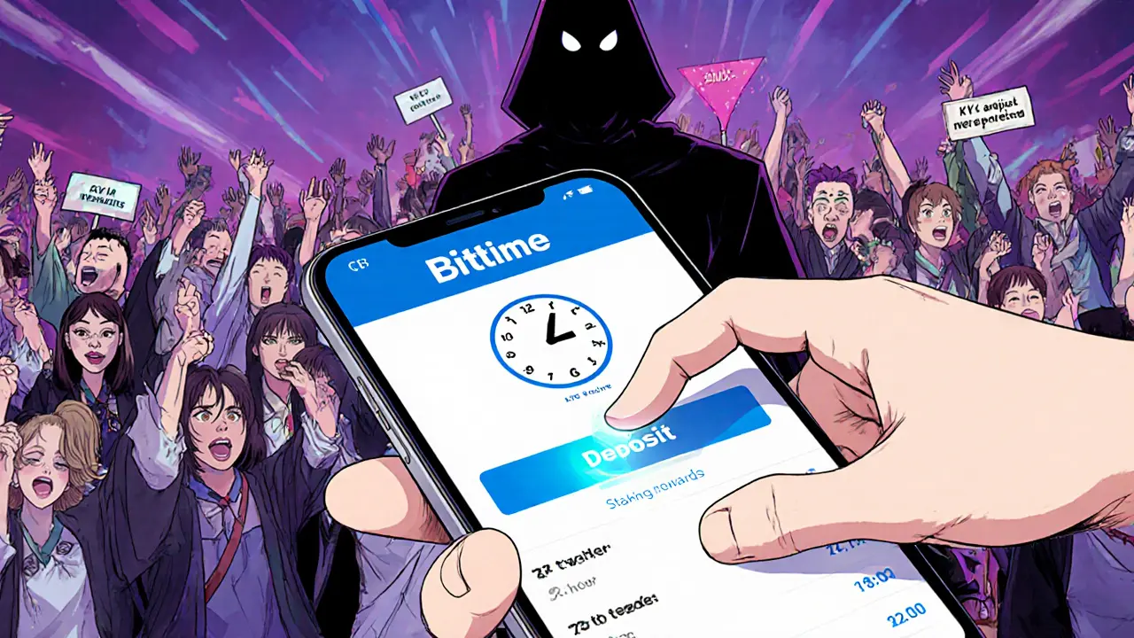 Hand hovering over Bittime deposit button with 72-hour KYC clock and shadowy warning.