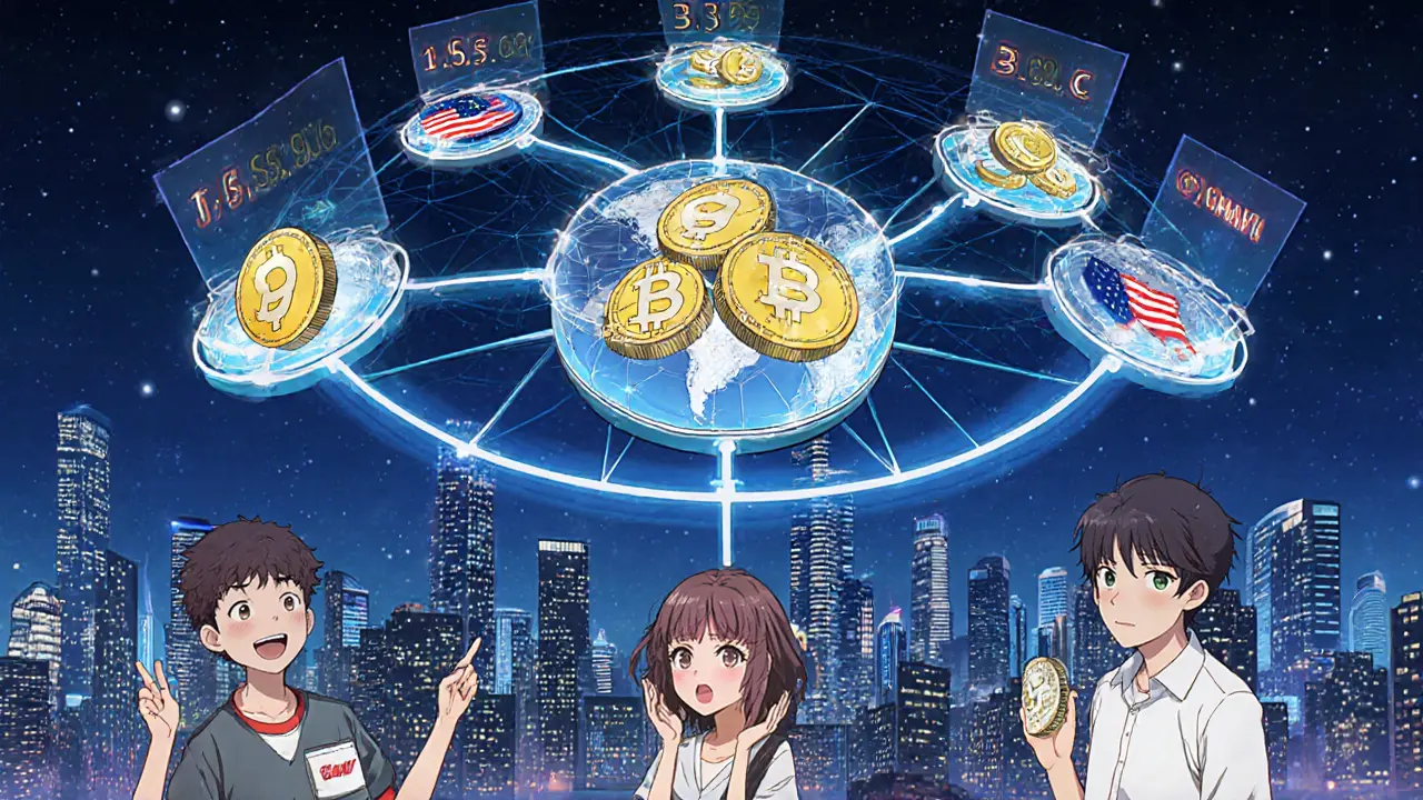 Holographic CBDCs linking nations on a blockchain web, with people receiving instant cross-border payments.