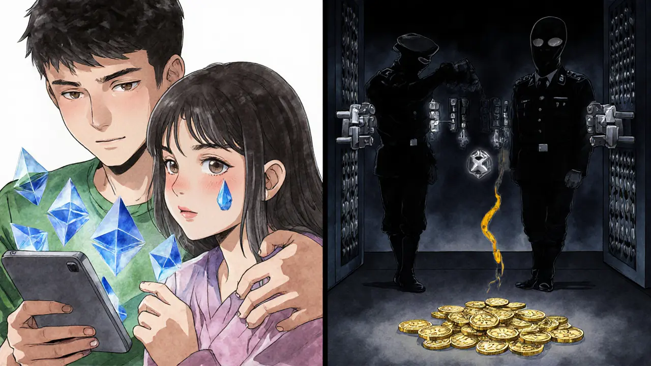 Iranian family sending crypto for medicine while shadowy figures mine coins for the regime in a dual-panel scene.