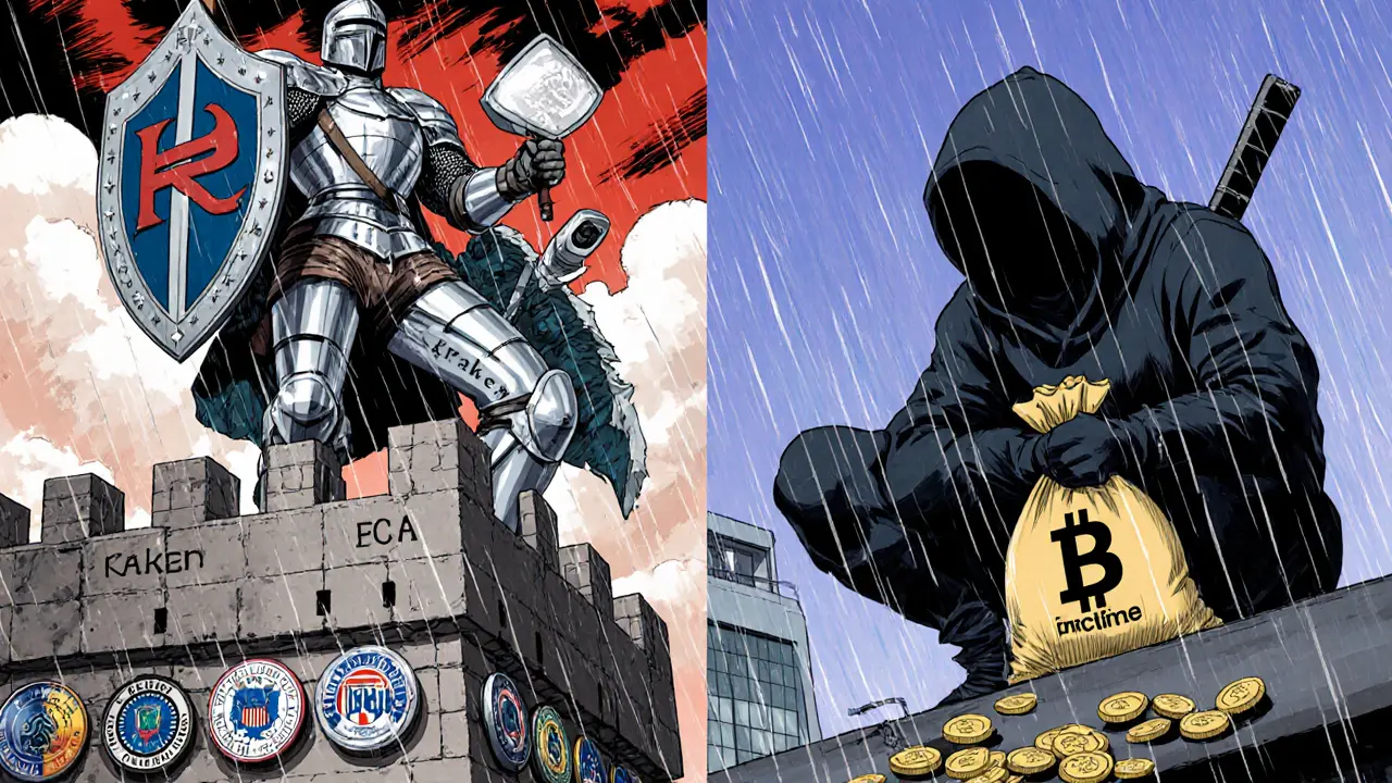 Kraken knight with regulatory badges vs. Bittime ninja on Jakarta rooftop in manga contrast.