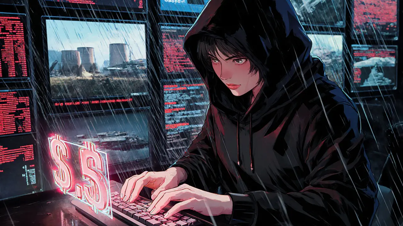 North Korean hacker in a hoodie with holographic screens showing stolen billions and nuclear weapons.