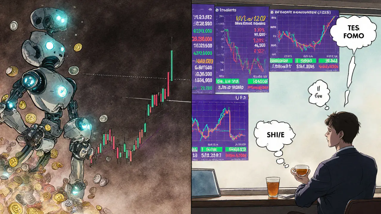 Robotic trading bots triggering sell orders on one side, a calm investor watching global economic events on the other.