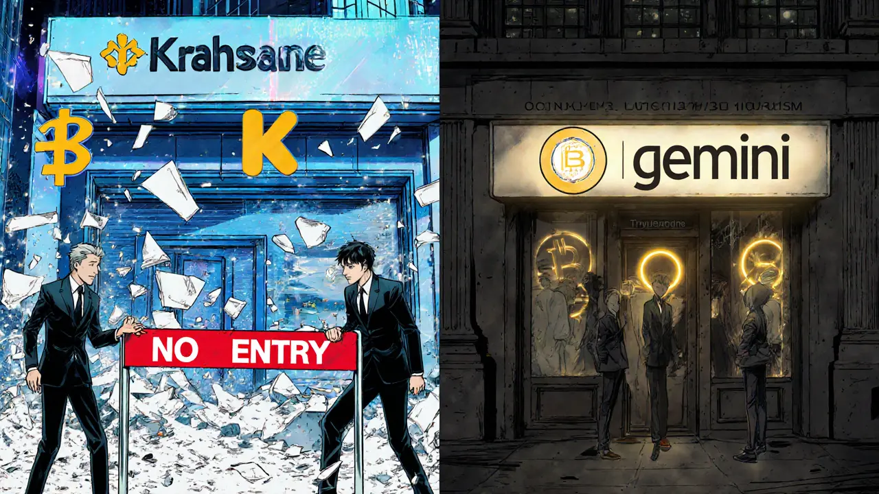 Split manga panel: chaotic crypto exchanges crumbling vs. trusted platforms glowing under New York regulators&#039; approval.
