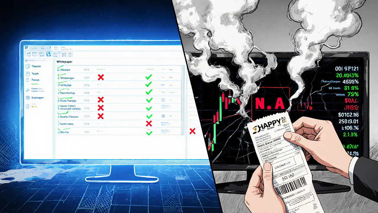 Split manga panel: one side shows verified project details, the other shows a dead dashboard with N/A.