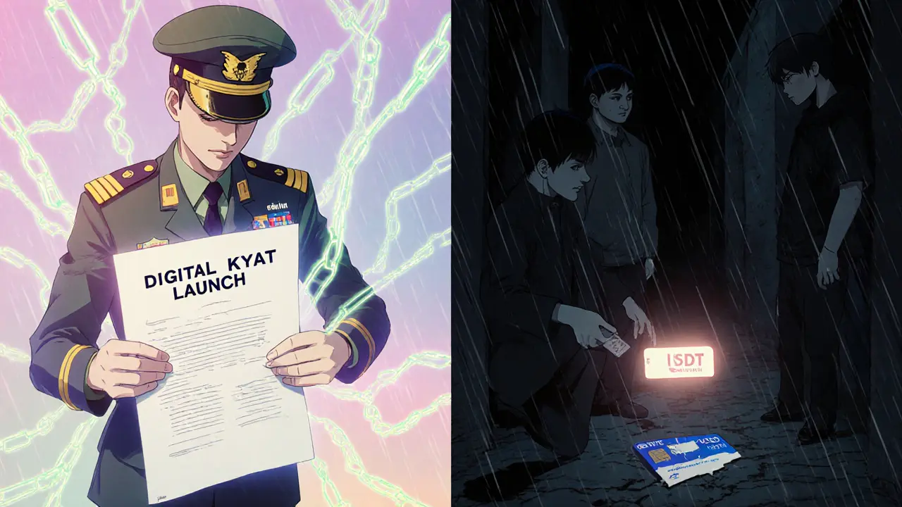 Split scene: government digital currency launch vs. underground crypto exchange.