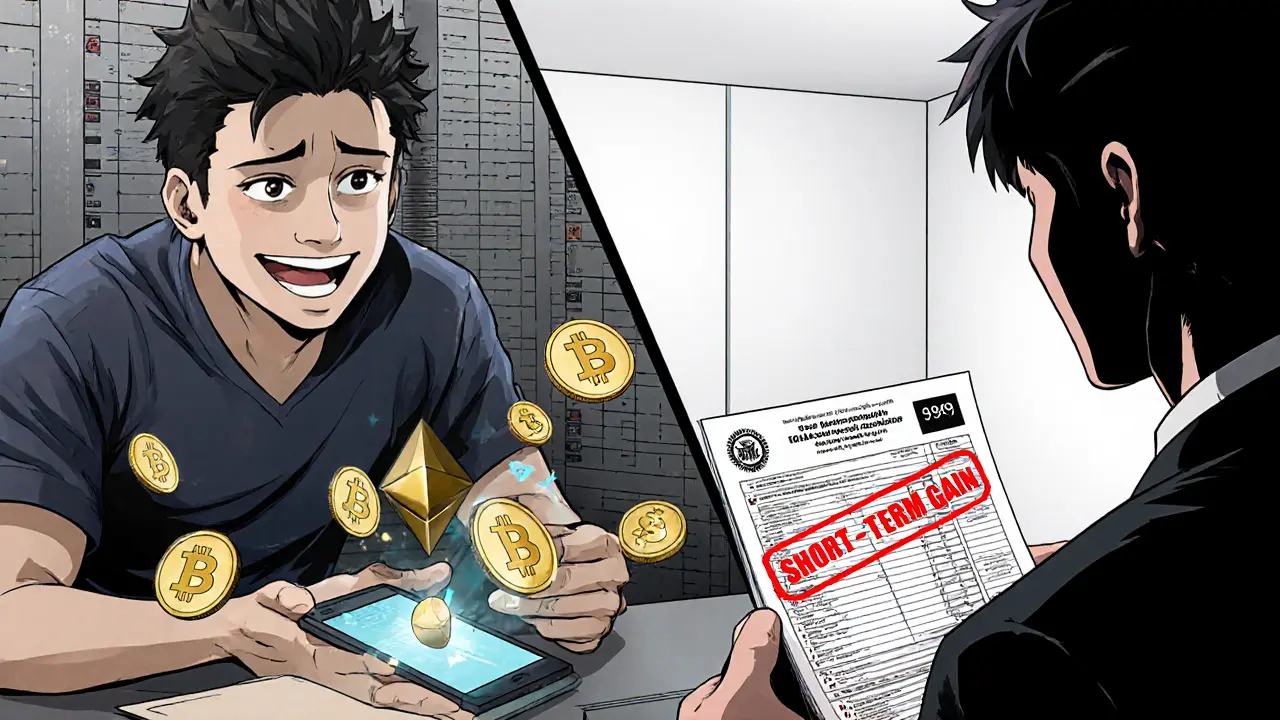 Split scene: trader celebrating a crypto swap on one side, facing an IRS auditor with tax forms on the other.