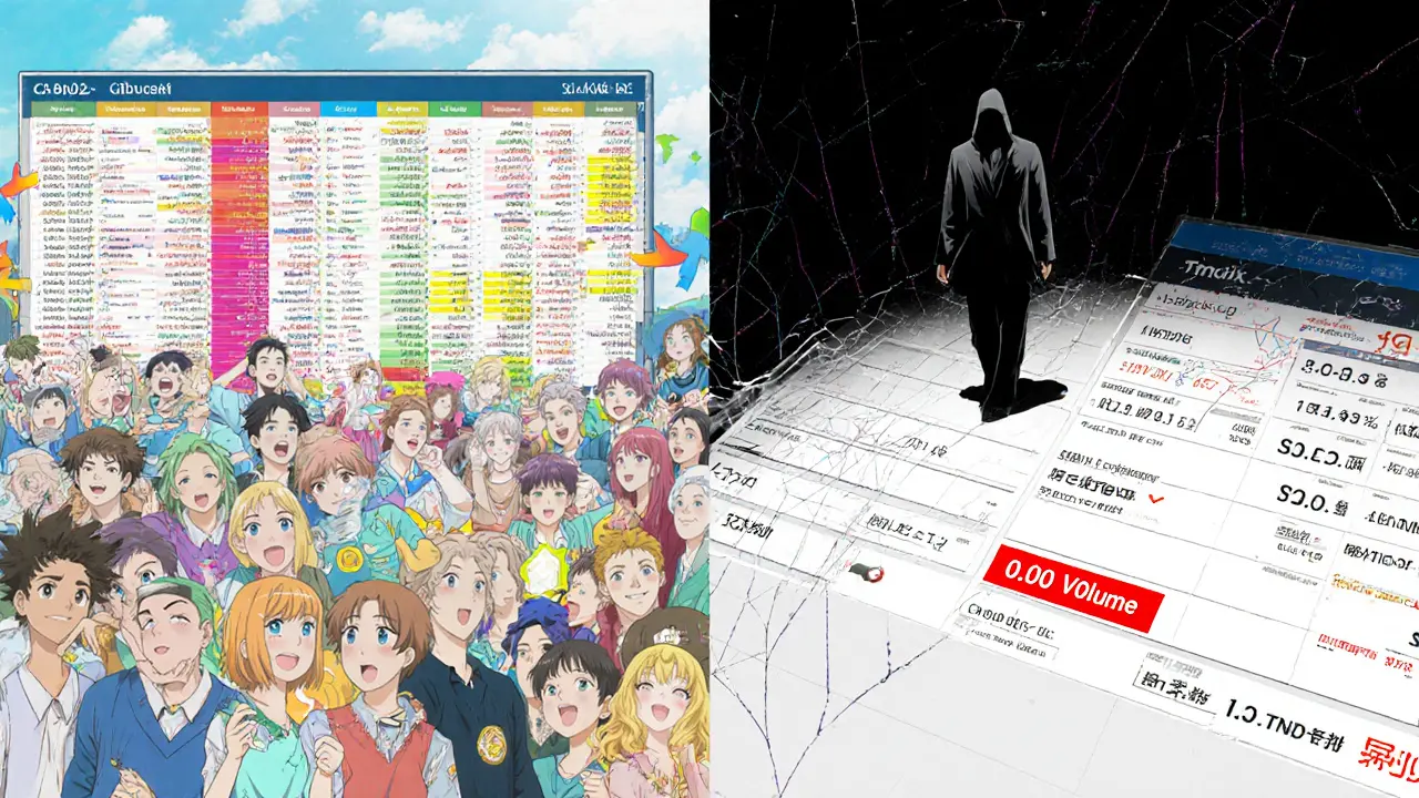 Split scene: vibrant 2020 TomoDEX trading vs. empty, decayed interface one year later.