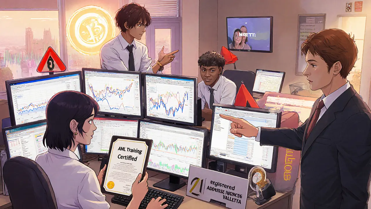 Team working in a Maltese crypto office with AML alerts and compliance certificates on monitors.