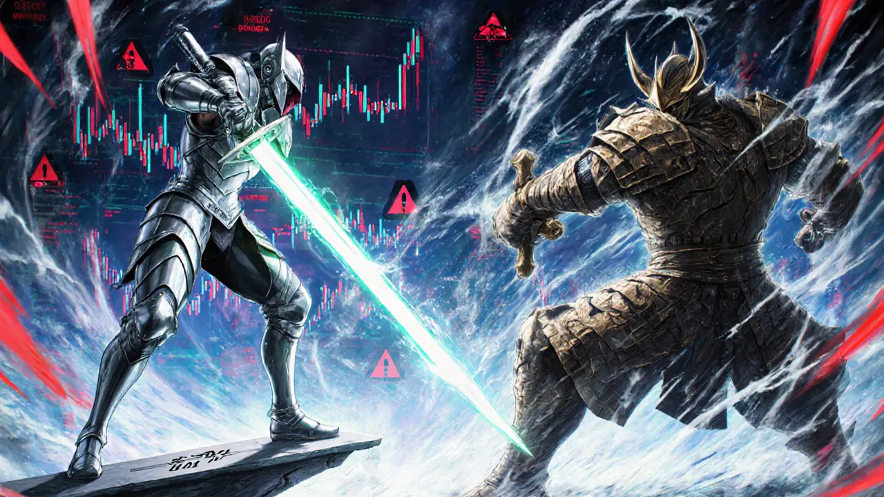 Two warriors symbolizing single-sided and dual-sided liquidity in a digital battle with price charts.