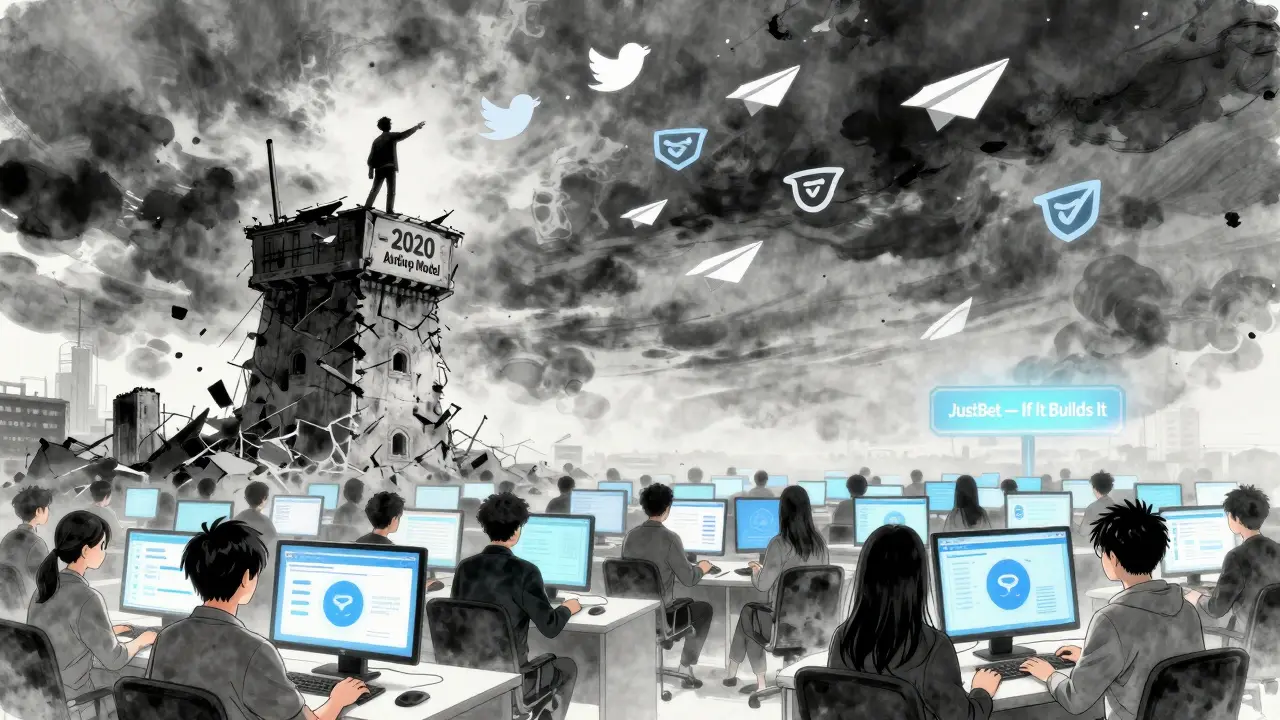 A figure atop a crumbling &#039;2020 Airdrop&#039; tower tossing social media paper planes into a storm, while modern crypto users thrive below.
