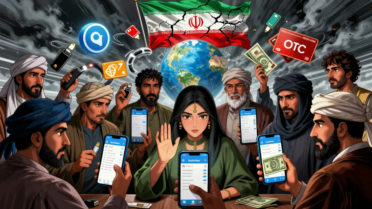 A group of Iranians in a video call trading crypto using VPNs and cash, surrounded by symbolic digital tools.
