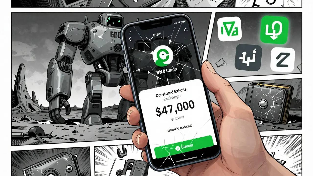 A hand holding a phone beside a giant robot on a barren landscape of abandoned crypto wallets.