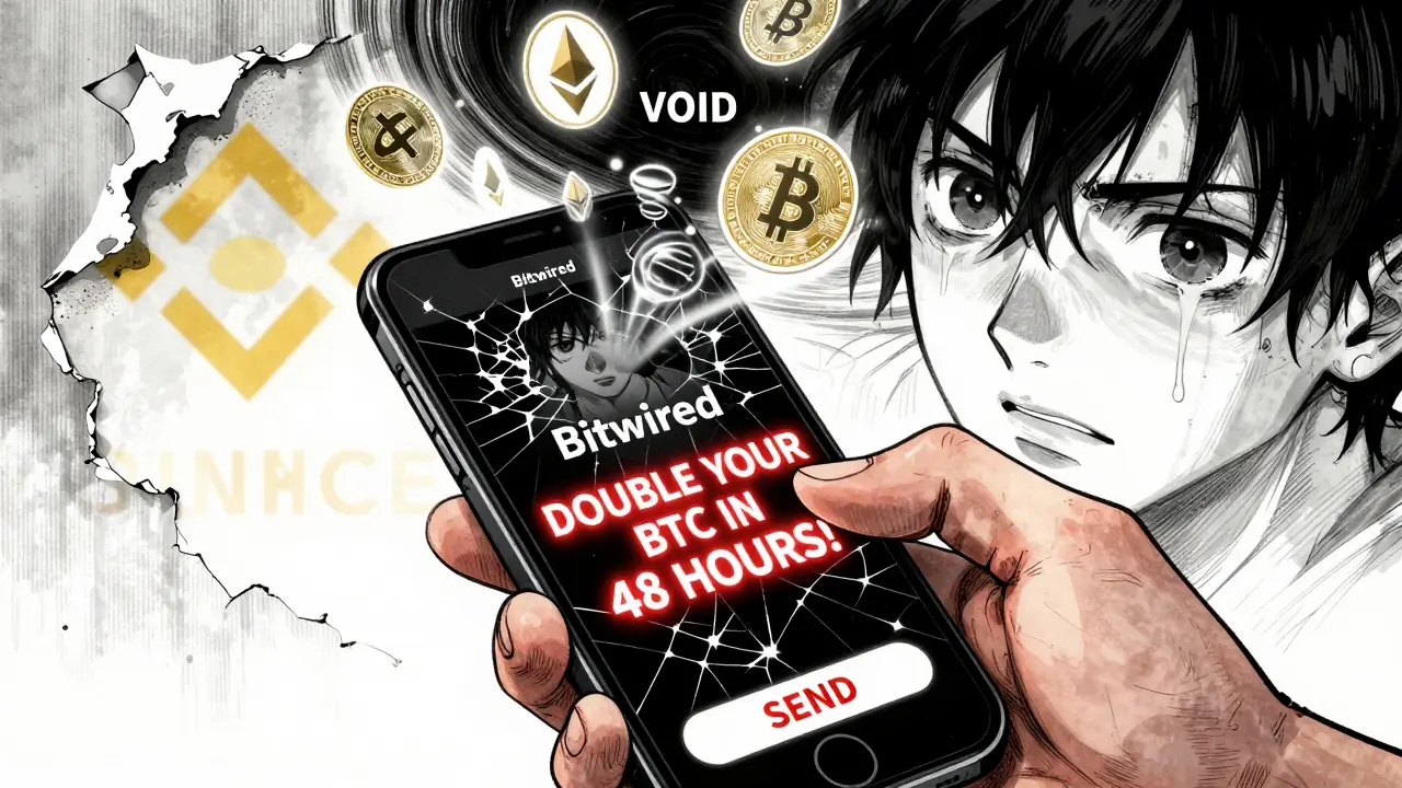 A hand sends crypto to a scam site as tokens vanish into a black vortex, with a cloned exchange logo peeling away.