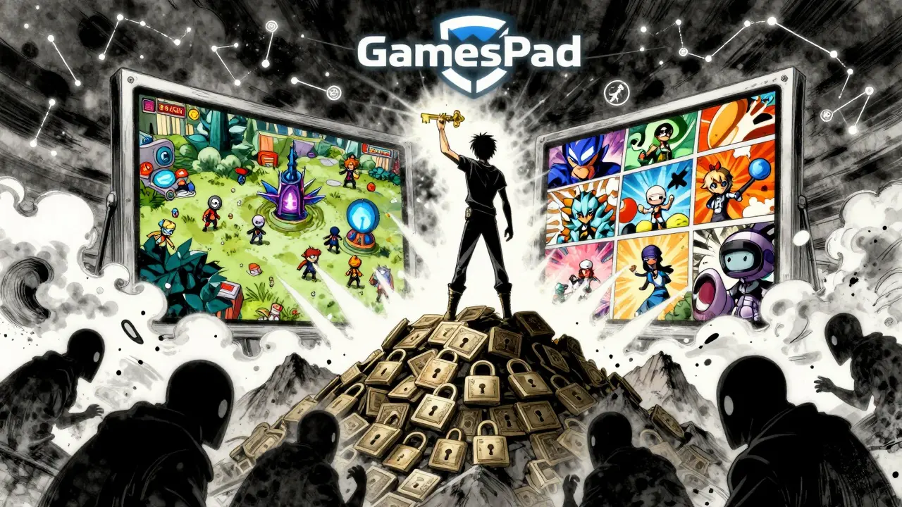 A hero unlocking a gaming world with a GMPD key as scammer websites crumble below.