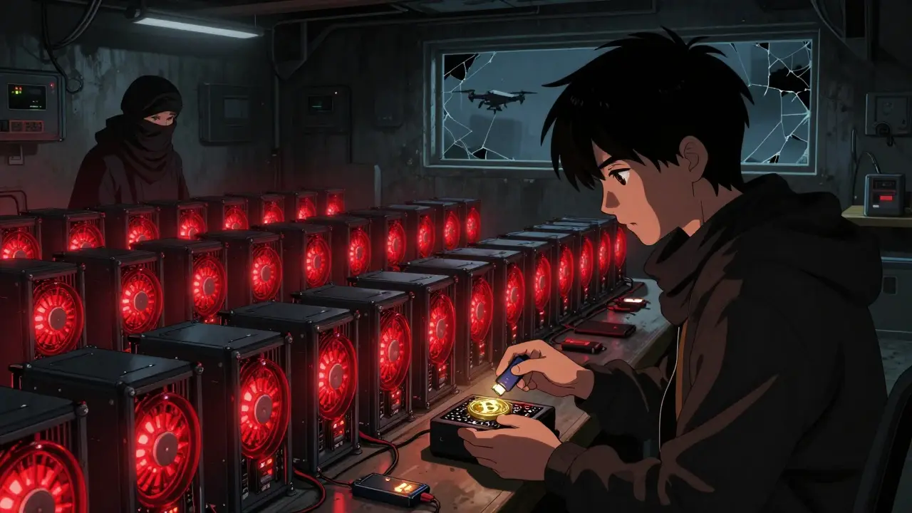A hidden crypto mining room with glowing rigs and a miner transferring Bitcoin to a decentralized wallet.