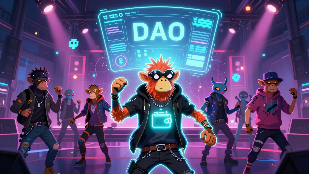 A metaverse concert where attendees are PFP NFT avatars, dancing under holographic lights.