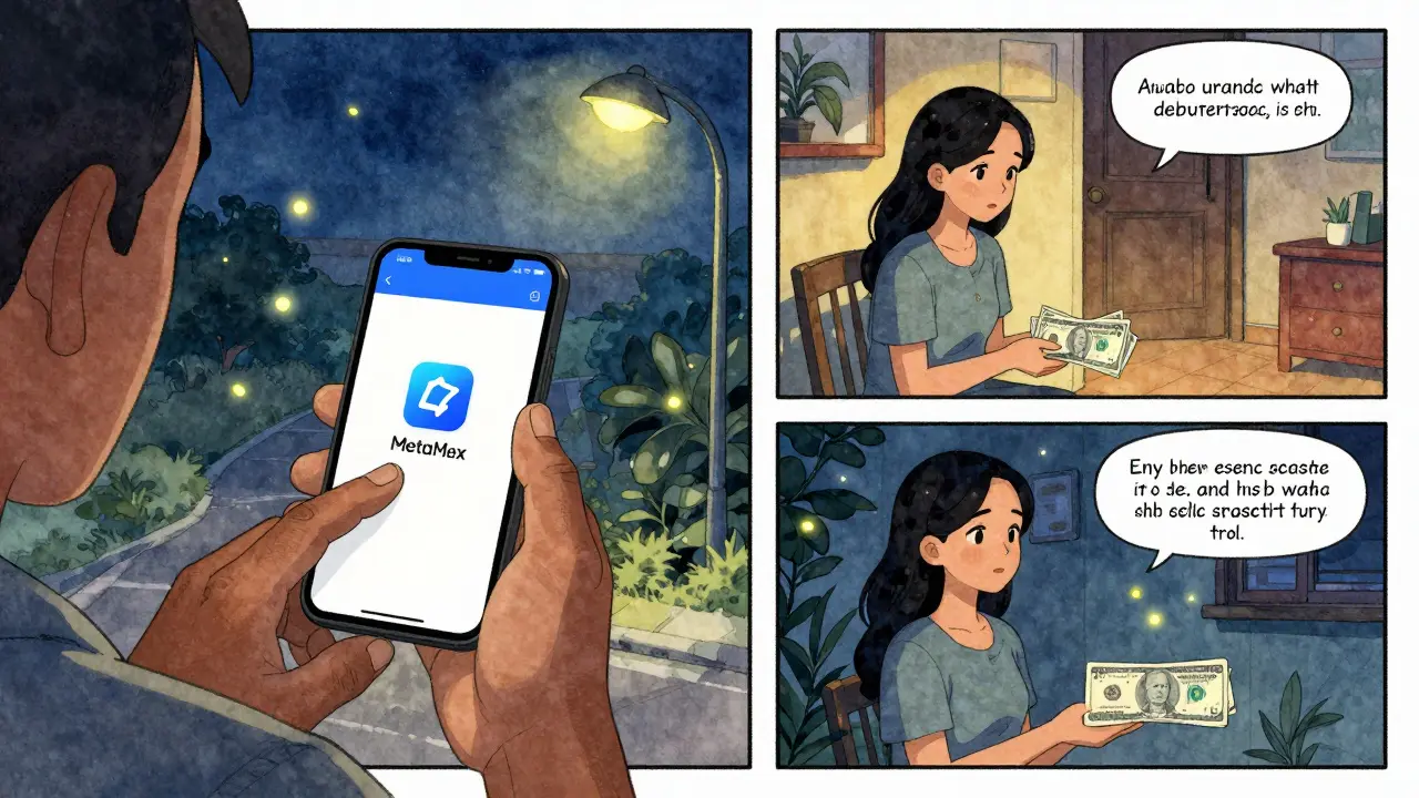 A migrant worker sends crypto to his sister, who cashes it out via a trusted local trader.