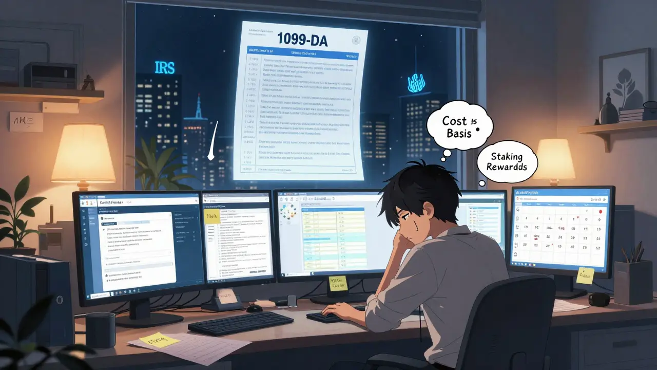 A person in a cluttered home office surrounded by crypto tax notes and screens, with a giant 1099-DA form outside the window.