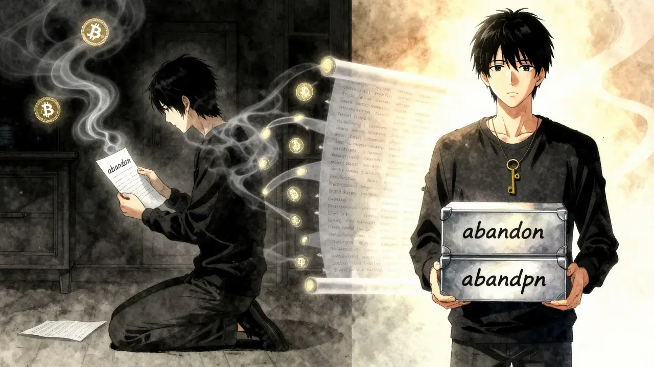 A person mourns a misspelled seed phrase on one side, and safely stores it on the other, with a sacred wordlist behind.