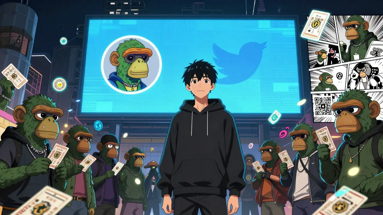 A person proudly displaying their Bored Ape NFT as a profile picture, surrounded by others wearing the same.