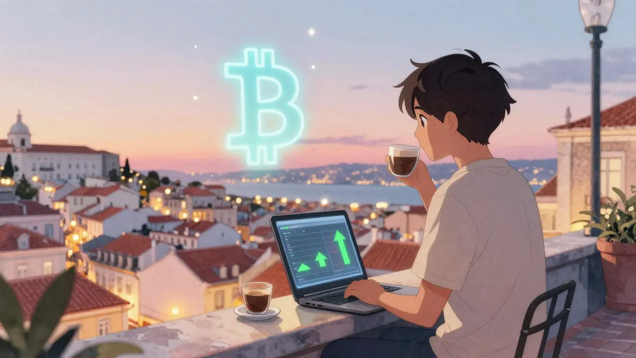 A person relaxing on a rooftop in Portugal with a peaceful Bitcoin symbol glowing beside them.
