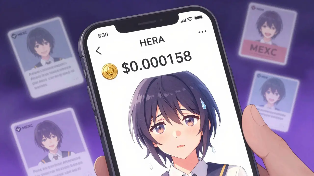 A player stares at a nearly zero HERA token balance on their phone, tears falling on the screen.