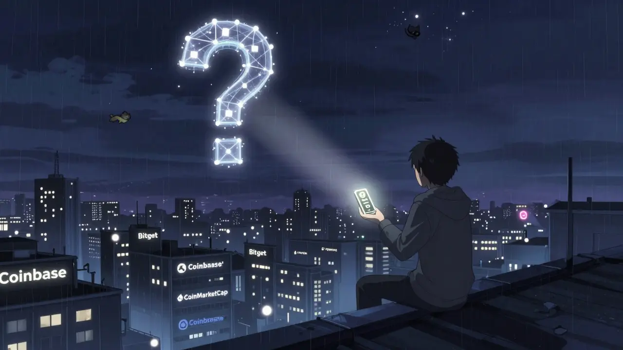 A solitary figure holds a glowing HOLD token on a rooftop as unstable crypto exchange lights flicker below and a giant question mark looms overhead.