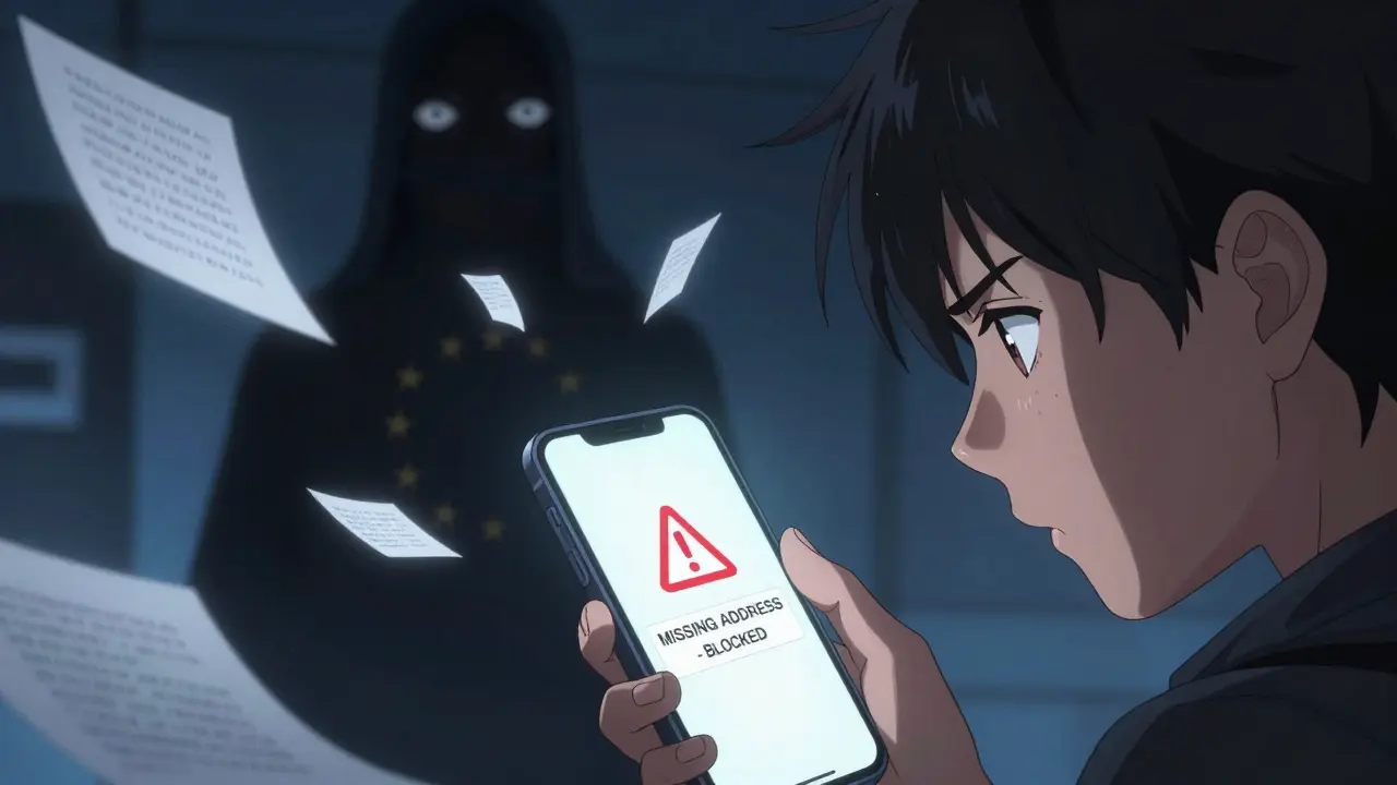 A user stares at a blocked crypto transfer on their phone with red warning symbols and ghostly data fragments around them.
