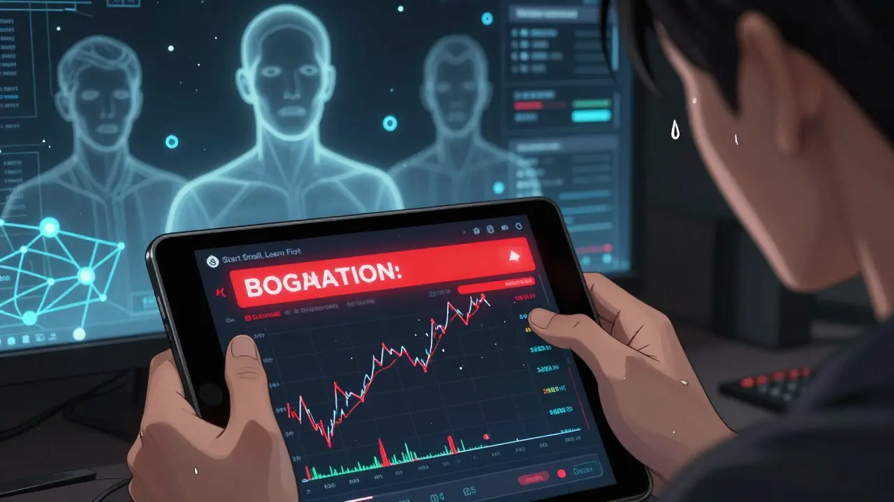 A user watching a liquidation warning on a screen, with AI models and blockchain nodes silently observing in the background.