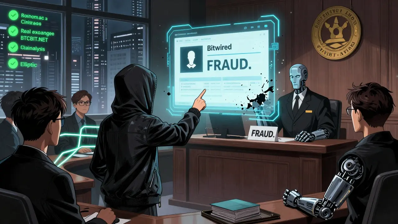 A victim presents evidence of Bitwired fraud in a cyberpunk courtroom as blockchain analysts track the scam.
